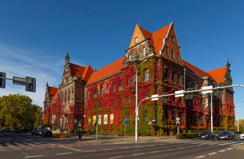 Neorenesansowy budynek muzeum porośnięty bluszczem na tle bezchmurnego nieba