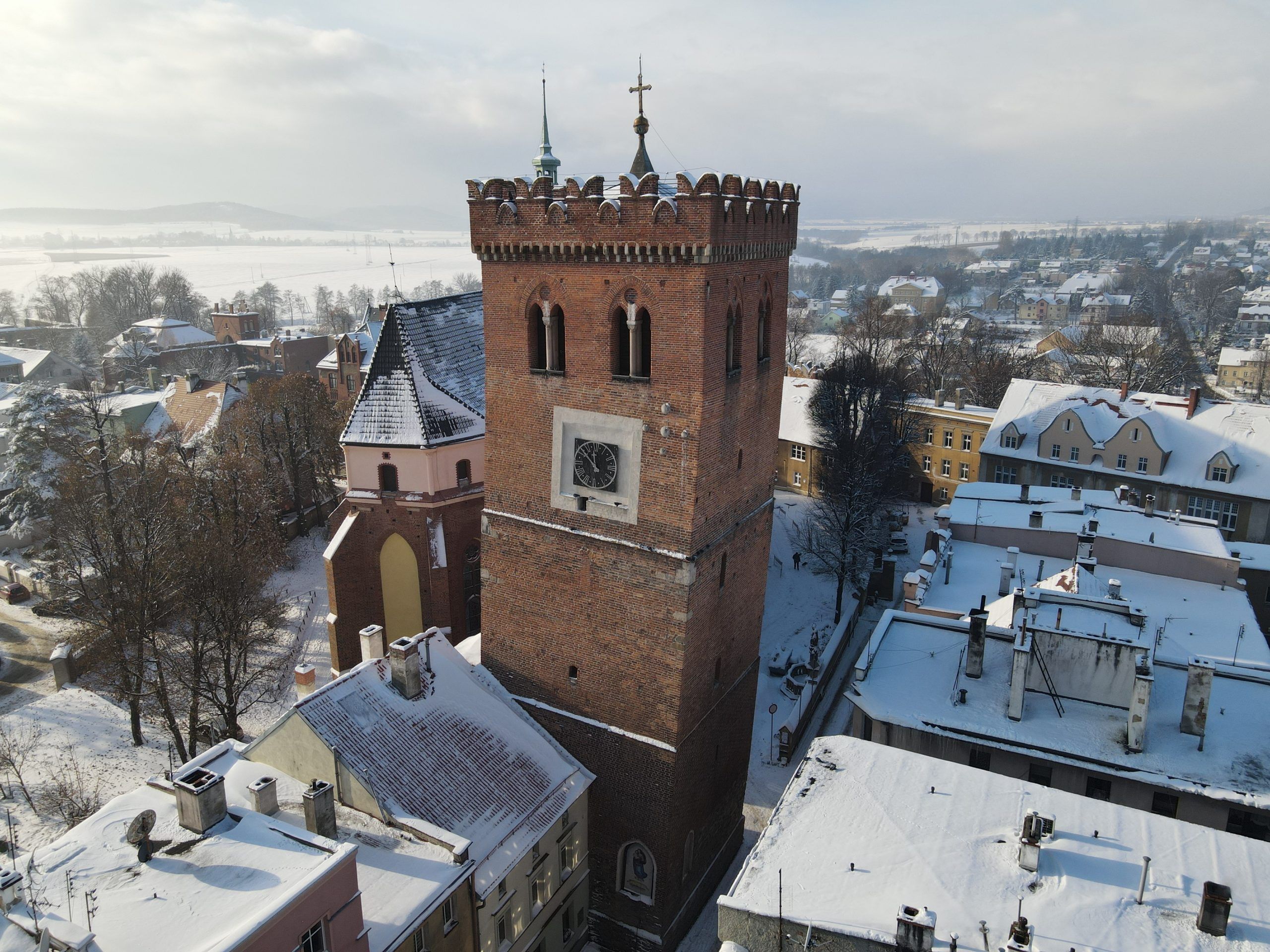 Krzywa Wieża wznosząca się ponad dachy otaczających ją budynków z czerwonej cegły