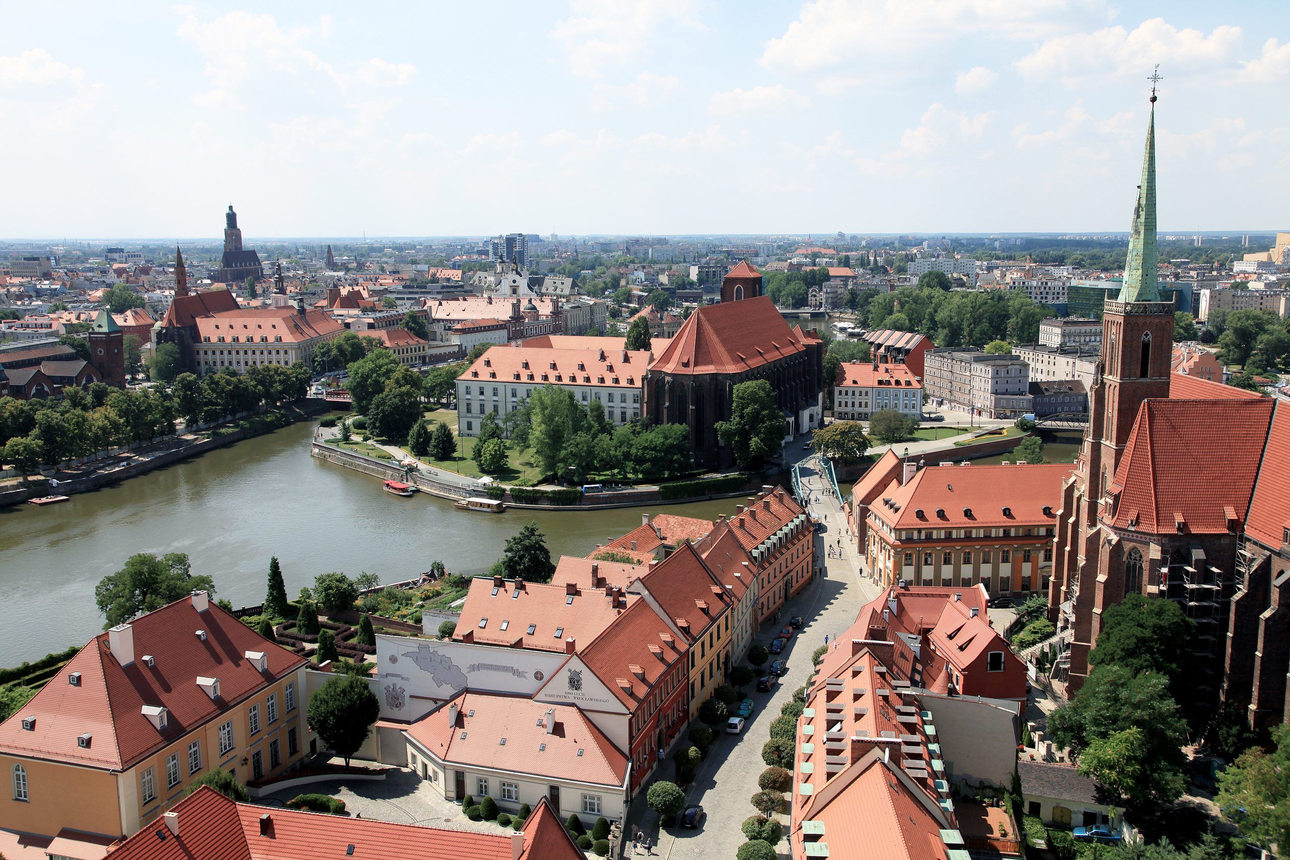 Panorama miasta z zabytkowymi budynkami pokrytymi czerwonymi dachówkami, znajduje się wyspa i przepływająca rzeka Odra