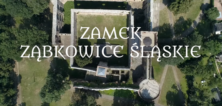 widok z lotu ptaka na zamek, na zdjęciu wyróżniają się kwadratowe mury zamku oraz w prawym dolny rogu znajduję się wieża widoczna z góry jako okrąg