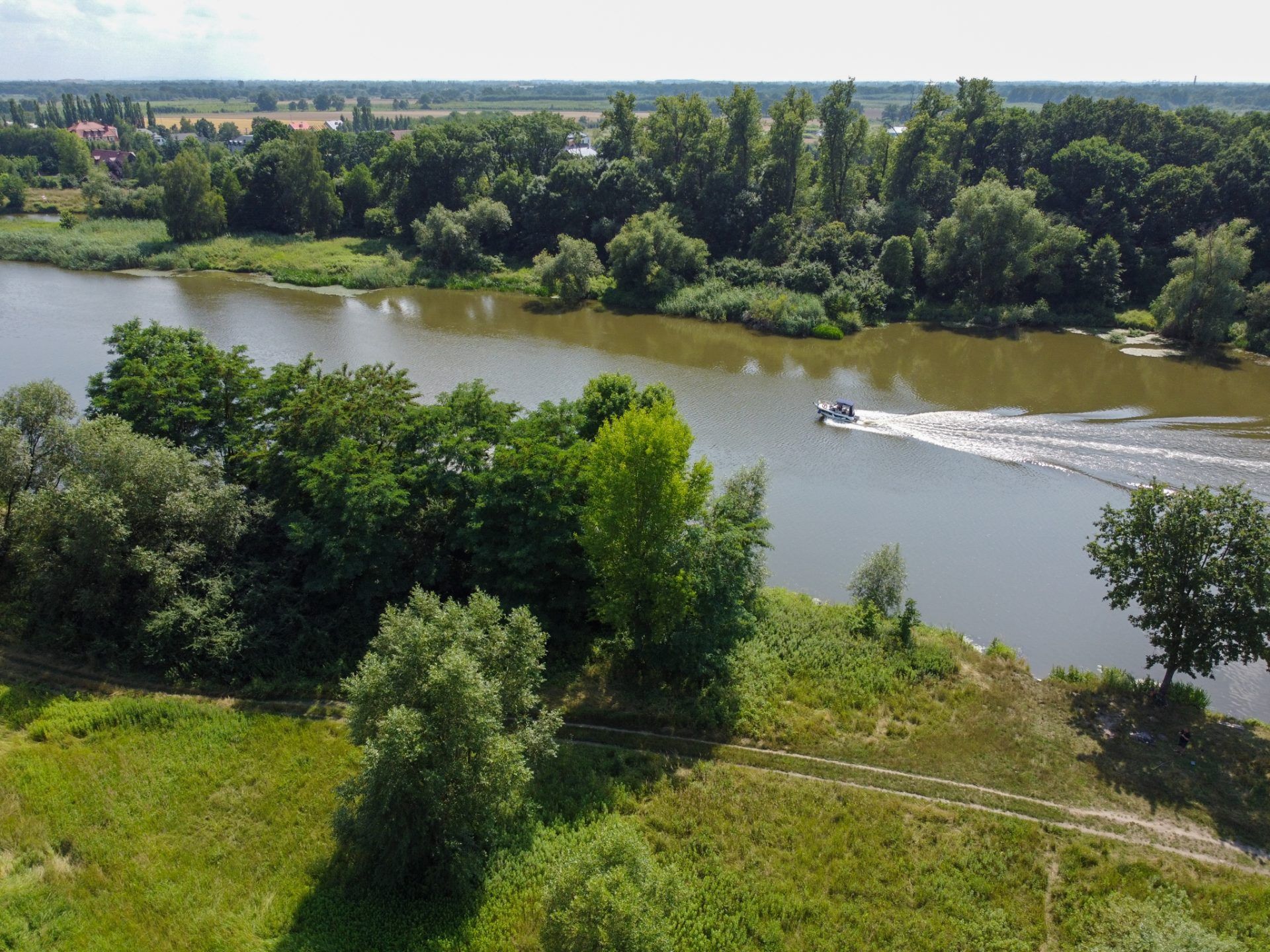 Zdjęcie rzeki Odra widocznej z lotu ptaka w otoczeniu bujnej przyrody