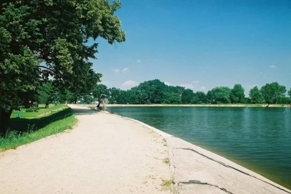 Piaszczysta plaża ośrodka Jawornik ciągnie się wzdłuż spokojnego jeziora, ocieniona wysokimi drzewami i otoczona rozległą zielenią.