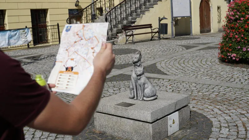 Na środku zdjęcia widać figurę kota, który siedzi na betonowym murku. Na pierwszym planie jest również ramię mężczyzny, trzymającego w dłoni mapę z zaznaczonym szlakiem. W oddali znajdują się schody oraz kwietnik.