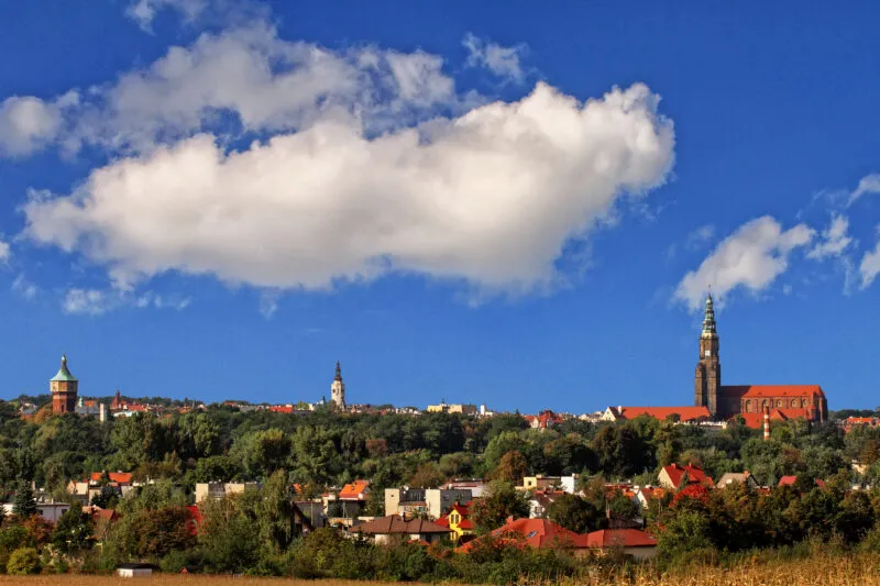 Panorama miasta z licznymi roślinami między budynkami. Widać wieże kościołów i czerwone dachy domów.