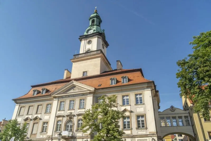 Widok na neogotycką budowlę z wysoką wieżą, ostrymi łukami i ozdobnymi detalami kamiennymi. Zasłania ją kilka drzew, na tle błękitnego nieba.
