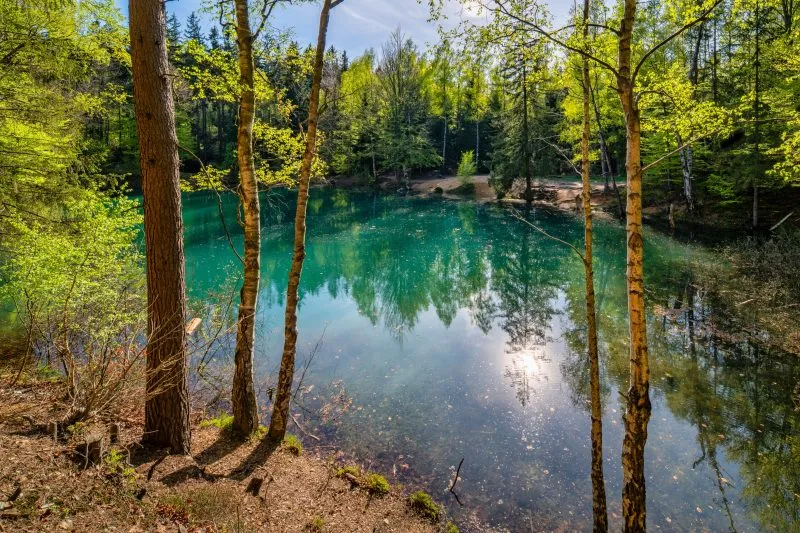 Widok na błękitne jeziorko, wśród przyrody.