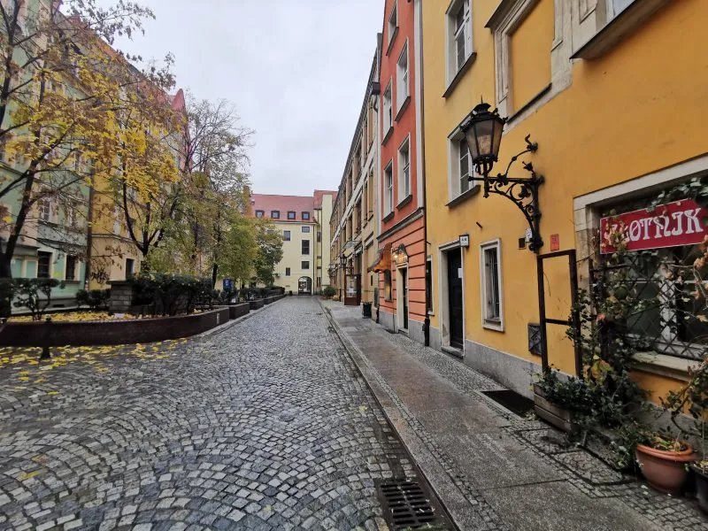 Zdjęcie przedstawia starą, wybrukowaną uliczkę we wrocławskim bloku śródrynkowym
