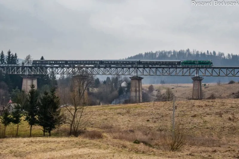Zdjęcie przedstawia pociąg jadący po wiadukcie kolejowym na tle pochmurnego nieba i niewielkich, dolnośląskich wzniesień