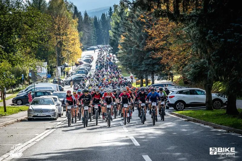 Duża grupa rowerzystów jedzie po asfaltowej drodze podczas wyścigu kolarskiego