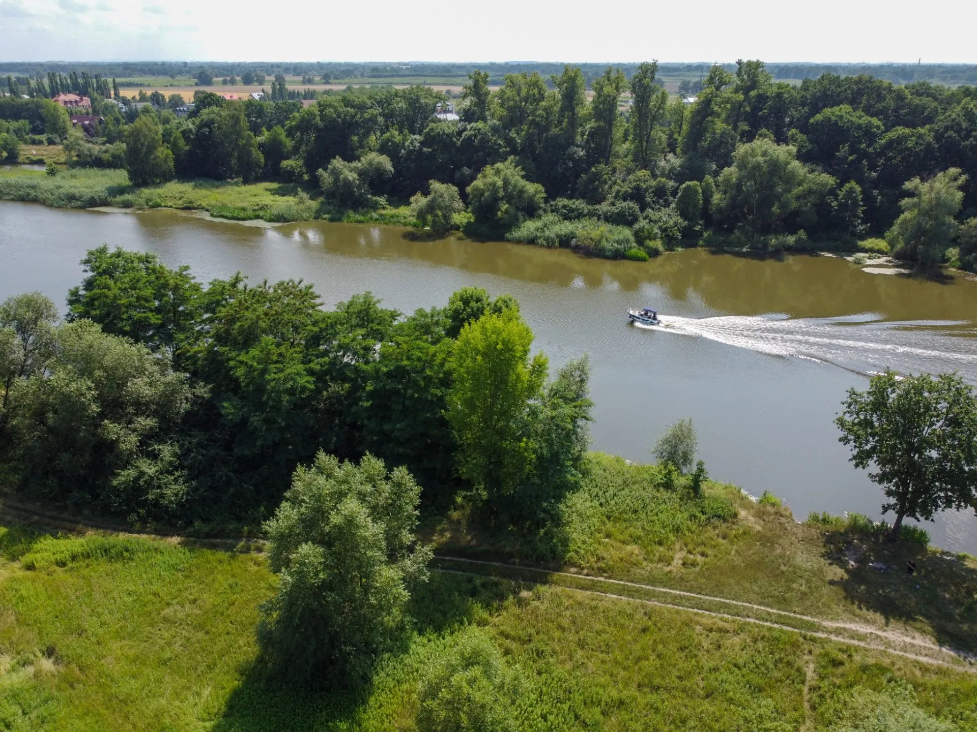 Zdjęcie rzeki Odra widocznej z lotu ptaka w otoczeniu bujnej przyrody