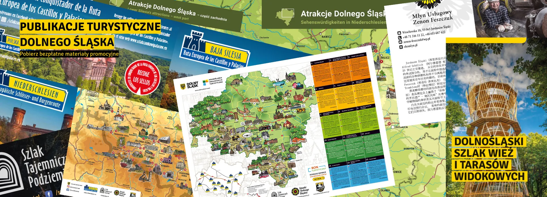 Kolaż dolnośląskich publikacji turystycznych obejmujący ilustrowane mapy, przewodniki, broszury oraz materiały o szlakach, wieżach widokowych i atrakcjach regionu.