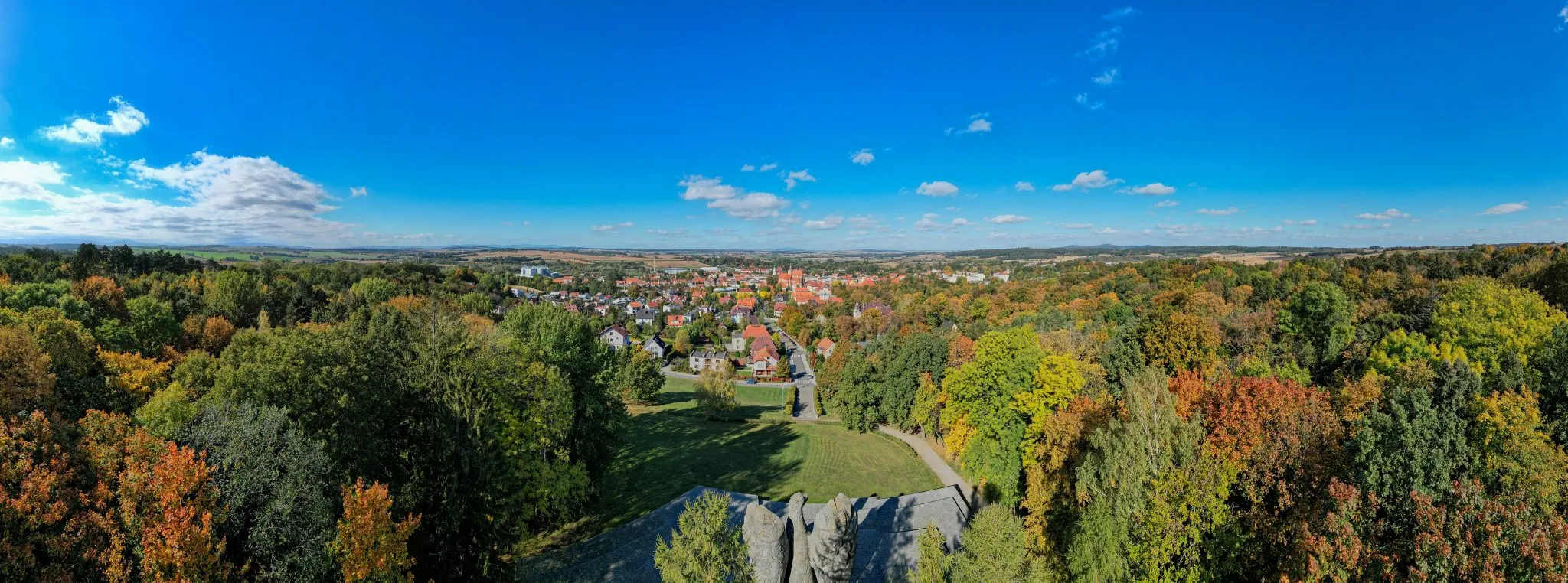 Widok z lotu ptaka na miasto, otoczone lasami.
