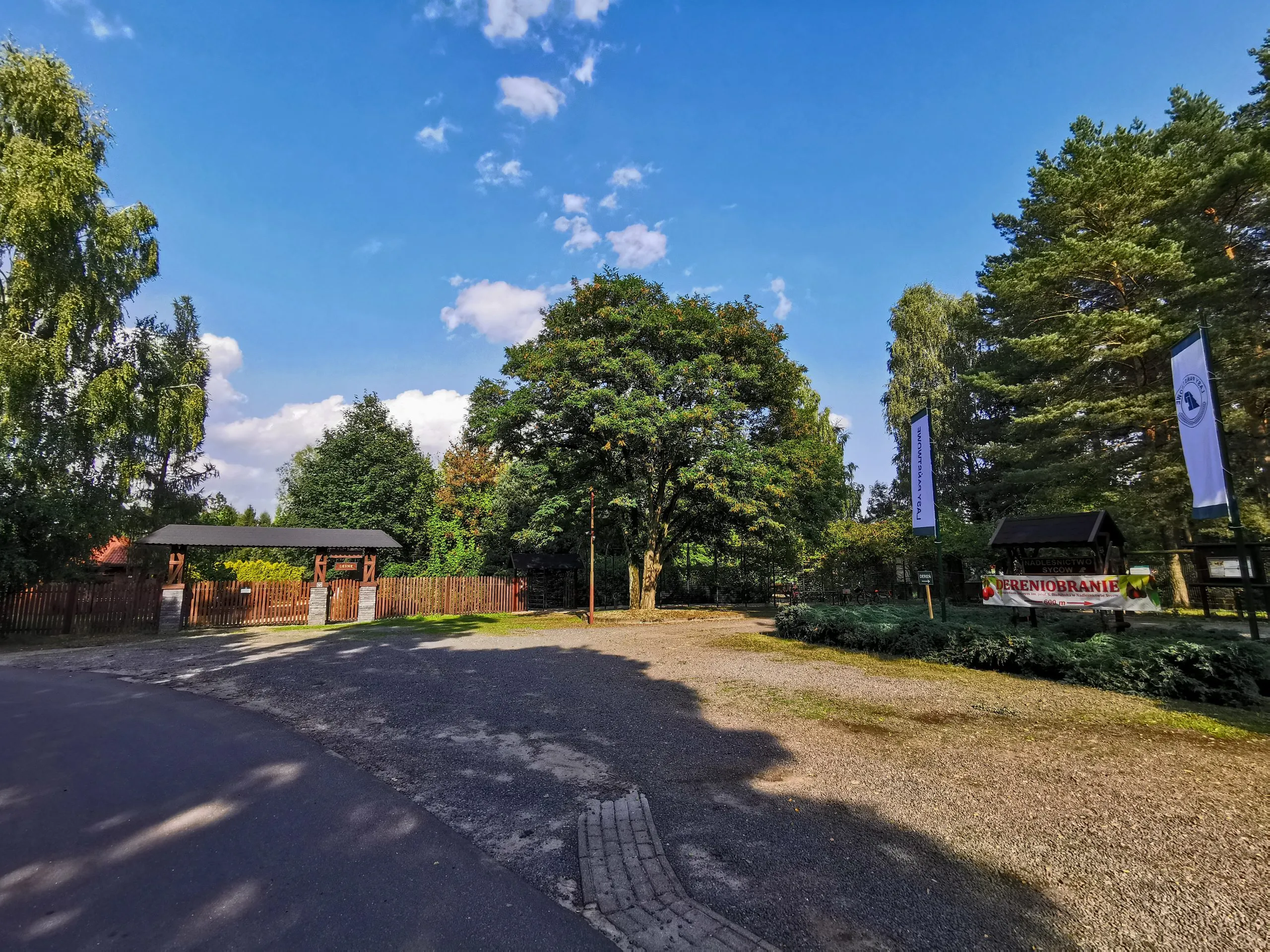 Zdjęcie przedstawia wejście do arboretum leśnego z kasami.